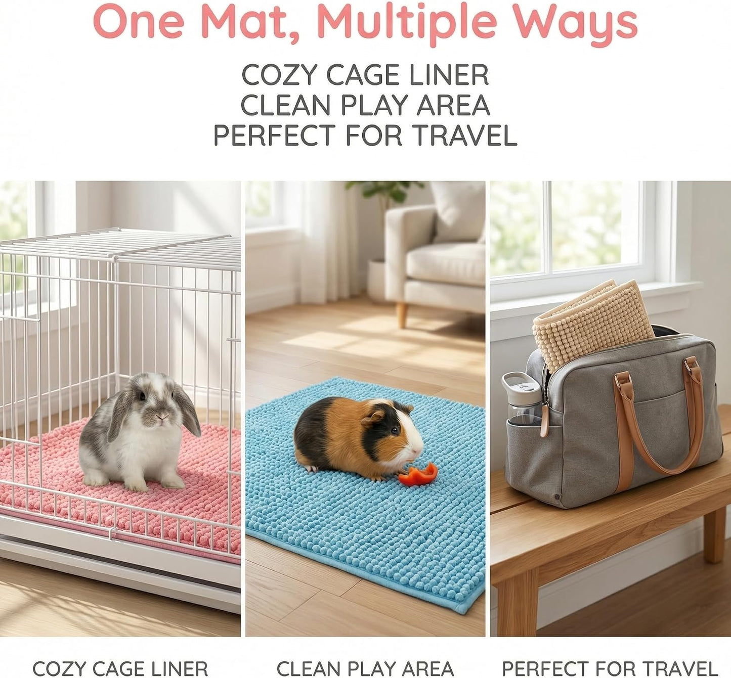 Guinea Pig Cage Liner Mats, Chenille, 16x12 in, 8 Pack, Gray, Beige, Blue, Pink, Reusable Bedding Pad for Cage, Play Area, Travel