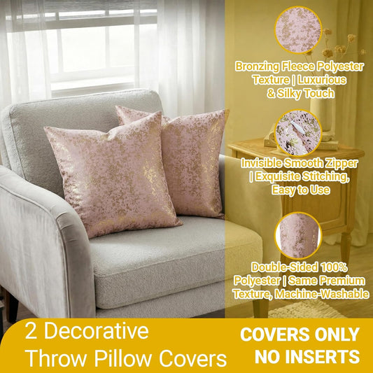 Q&J FABRIC CO. 2 Pack Velvet Throw Pillow Covers 20x20'', Luxury Dutch Fleece Soft Square Cushion Cases Gold Foil Embossed for Sofa & Home Decor Pink