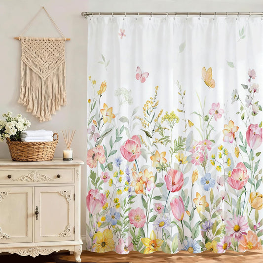 Mocsicka Pink Floral Shower Curtain for Bathroom Colorful Farmhouse Rustic Wildflower Shower Curtain for Boho Floral Bathroom Decor Waterproof Fabric Flowers Bath Curtain 72 X 72 Inch