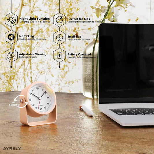 AYRELY® 3.5 Inch Small Analog Alarm Clocks,Battery Operated Desk Clock,Cute Table Clock with Light,Adjustable Angle for Travel,Bedside,Bedroom,Kids,Living Room Decor (Pink)