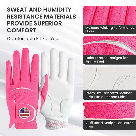 Amy Sport Golf Gloves Men Right Handed Golfer Left Hand Leather with Ball Marker Value 3 Pack, Color Leather Glove All Weather Grip Comfortable, Fit Size Small Medium Large XL