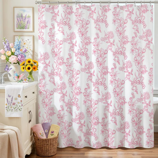 Mocsicka Floral Shower Curtain Pink Flower Bathroom Shower Curtain Spring Floral Pink Waterproof Fabric Shower Curtains Bathtub Decor with 12 Hooks 72 X 72 Inch (Pink)