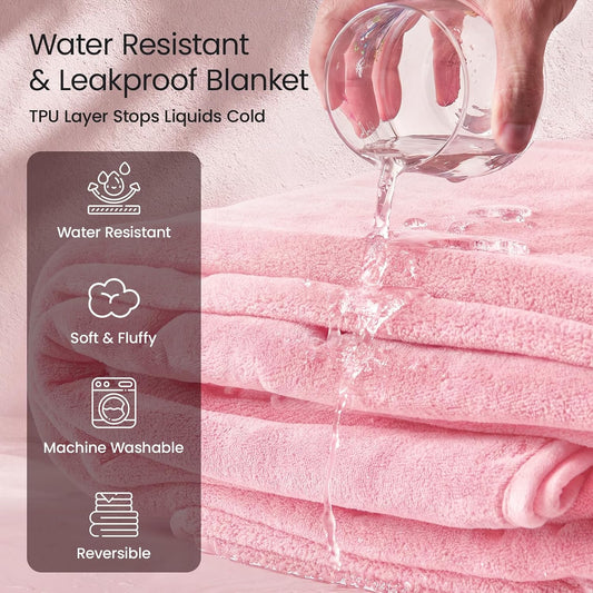 LOOBANI Waterproof Blanket for Bed: Reversible Leakproof Full/Queen Bed Blankets 80" x 90", Soft Flannel & Coral Fleece Bed Blanket Water Resistant for Couch Sofa Cover, Movie Time, Camping, Pink