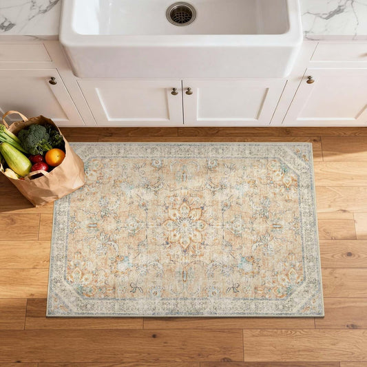 jinchan 2x3 Vintage Rug for Entryway Washable Kitchen Rug Floral Distressed Design Small Mat Non Slip Indoor Doormat Lightweight Low-Profile Throw Carpet for Entrance Bathroom Laundry Room, Pink