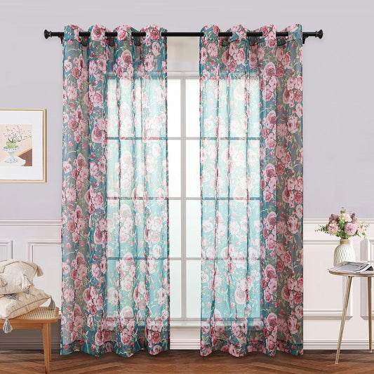 L.Z.E Floral Sheer Curtains 84 Inches Long 2 Panels, Light Filtering Vintage Curtains for Living Room Bedroom Dining Room, Pink Flowers on Teal Green Grommet Semi Sheer Window Drapes