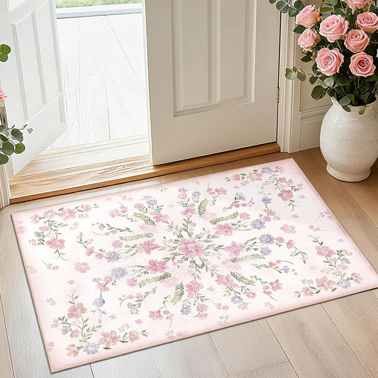 Small Rugs 2x3 Pink Floral Rug for Entryway Bathroom Kitchen Entrance Doormat,Boho Washable Vintage Bohemian Farmhouse Accent Floor Throw Carpet Non Slip,Blush Flowers