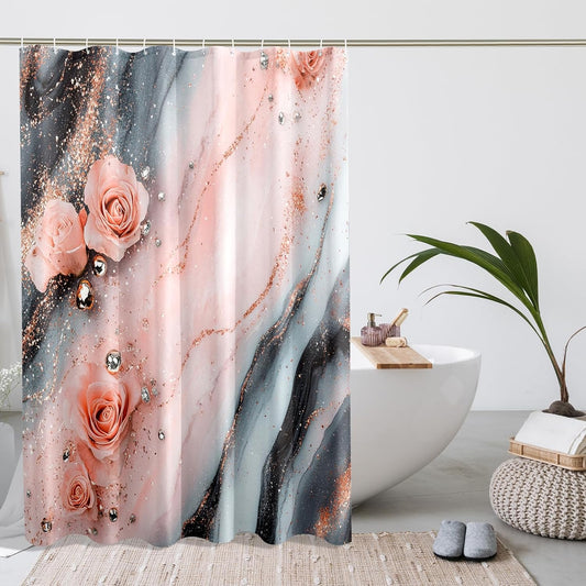 Peach Marble Shower Curtain Set, Luxury Abstract Modern Shower Curtain, 3D Contemporary Bathroom Accessories, Printed Pattern Decorative -62 * 72