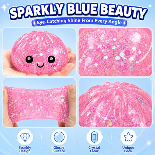 Mystery Sparkly Pink Dumpling Squishies with Steamer Box, Soft Stretchy Bao Bun Stress Relief Balls, Sensory Fidget Squeeze Toys for Anxiety Relief, Decompression Desk Toys
