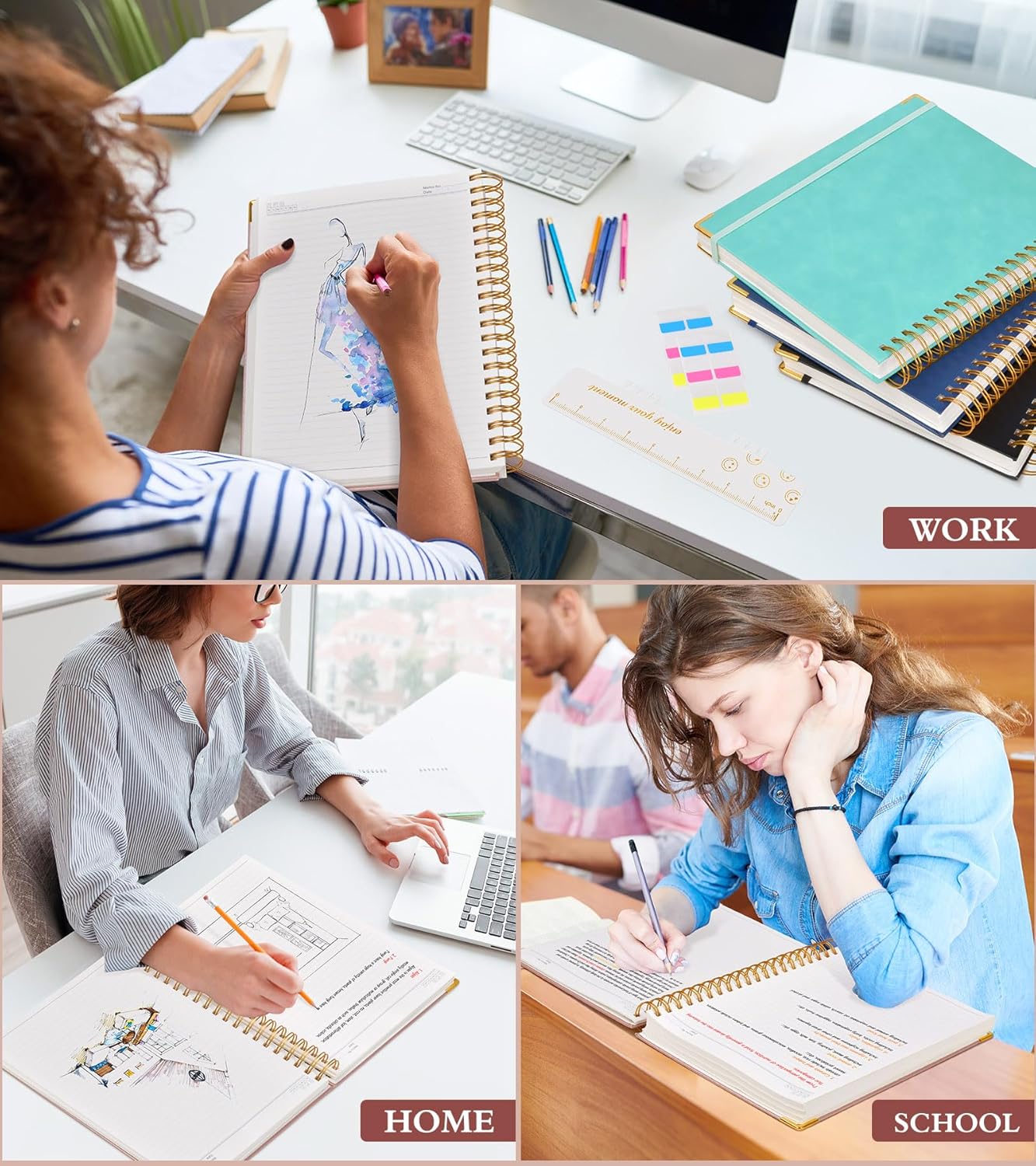 Spiral Notebook Journal 5.75” x 8.38”, 300 Pages Hardcover Leather Lined Journals for Women Men, A5 Small College Ruled Notebooks with 100 GSM Thick Paper, Spiral Journal for Writing Work School, Pink