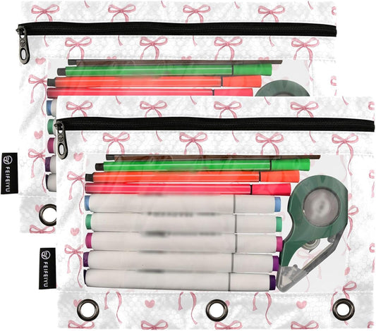 Wamika Pink Bow Bowknot Ribbon Binder Pouches 3 Ring for Boys Girls School Office College Supplies Cute Doodle Pattern Pencil Pouches Case Bag with Clear Window and Zipper 2 pack