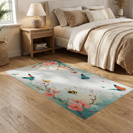 5'x7' Washable Cottagecore Floral Area Rug, Peach Non-Shedding Pet Friendly Carpet Easy Care Kids Safe Mat for Small Living Room, Playroom, Bedroom | Ref:2236956