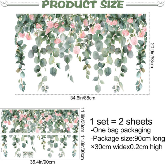 Removable Hanging Vine Floral Wall Stickers DIY Pink Flower Leaf Wall Decals Peel and Stick Green Plants Wall Murals for Baby Girls Nursery Bedroom Living Room Sofa TV Background