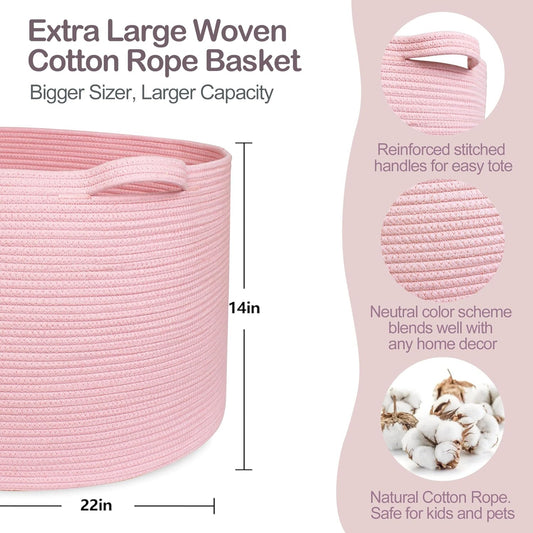 MEGASKET Extra Large Pink Basket, 22"x22"x14" Woven Cotton Rope Bin with Handles, Blanket Storage for Living Room, Baby Kids Toy Storage Bin Box, Wicker Laundry Basket, Pink Room Decor Organizing