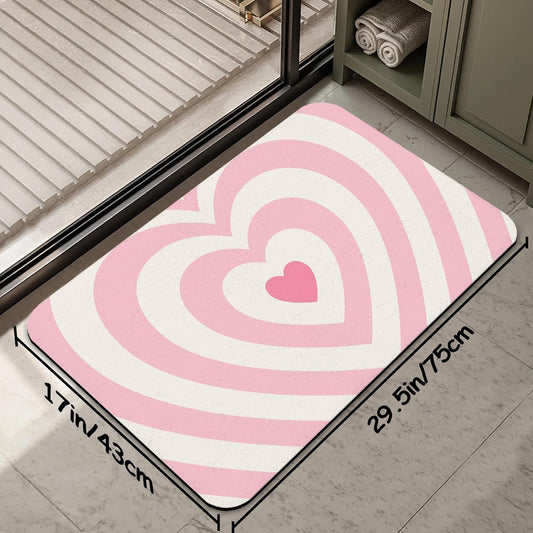 Pink Love Heart Bathroom Rug 29.5"x17", Super Absorbent Fast Drying Bath Mat with Non-Slip Rubber Backing, Thin Low-Profile Easy-Clean Bathroom Floor Mat for Shower or Tub