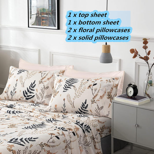 JSD Boho Floral Print Sheet Set Queen 6 Piece, Soft Blush Botanical Pattern Microfiber Bed Sheets Extra Deep Pocket