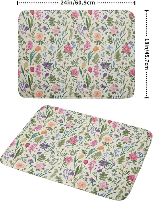 Spring Floral Dish Drying Mat for Kitchen Counter 18x24 Pink Sage Green Flower Vintage Botanical Print Absorbent Reversible Microfiber Drying Mats Kitchen Countertop Protector Dishes Drainer Rack Pad
