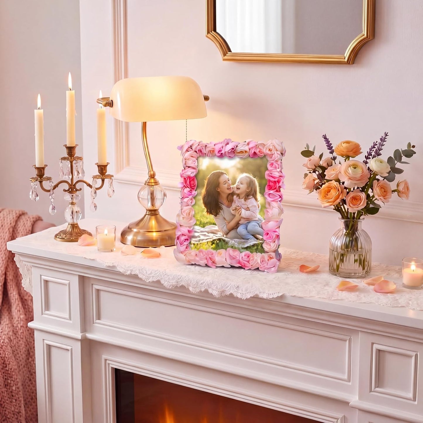 Novabright Pink Floral Photo Frame 8 x 10 Inch Silk Floral Picture Frame with Easel and Hook for Tabletop or Wall Display Decorative Flower Design Home Decoration Art Photo Gallery