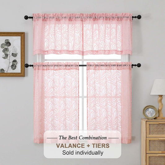 OVZME Blush Pink Valances for Windows 14 Inch Length 2 Panels, Dual Rod Pocket Light Filtering Valances for Kitchen, Soft Airy Short Sheer Curtains with Leaf Jacquard Clip Design, 2x42Wx14L Inches