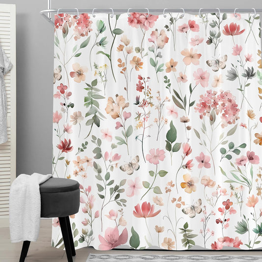 Pink Blush Coral Flower Floral 72Wx78H Shower Curtain Peach Pink Flower Watercolor Blush Pink Cute Wildflower Butterfly Spring Bathroom Curtain Set Woman Girly Bath Bathroom Accessories Decor