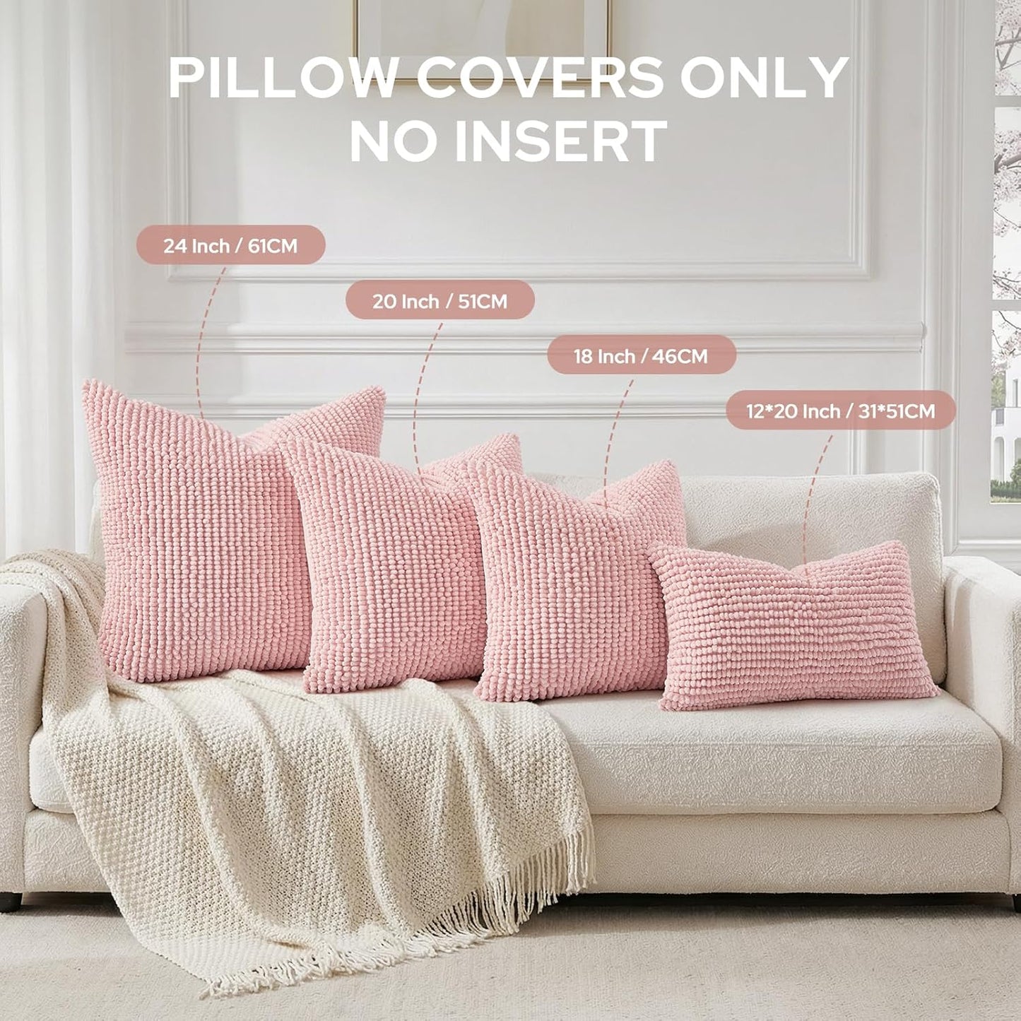 HOMEIDEAS Light Pink Decorative Chenille Throw Pillow Covers 18x18 Set of 2, Thick Soft Plush Pillow Covers for Couch Sofa Bed Living Room Home Decor