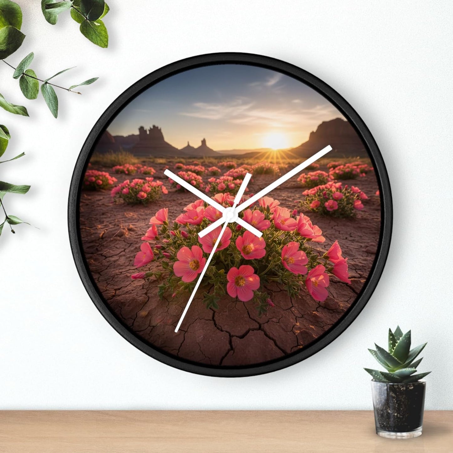 Premium Wall Clock with Hook - Desert Poppy Mallow Blooming Coral-Pink in Dry Soil 10in