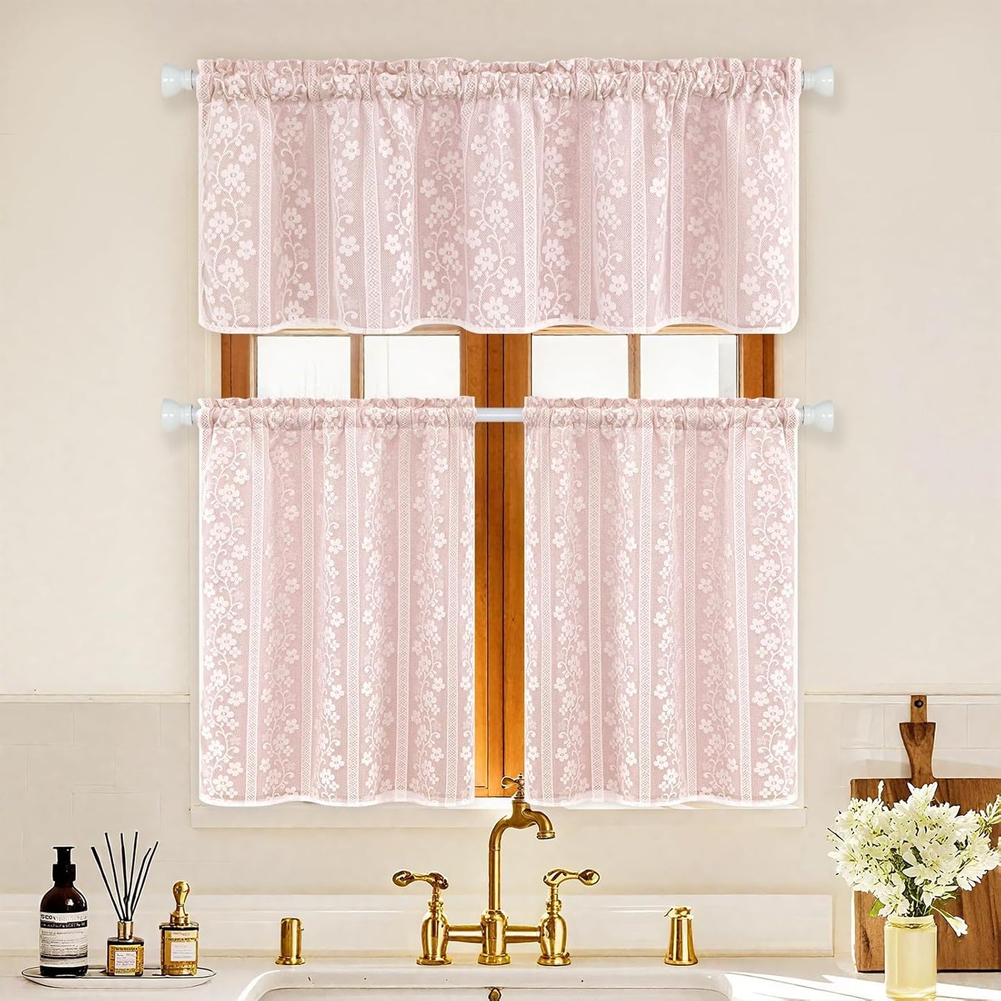 ASPMIZ Linen Pink Kitchen Tier Curtains 36 Inch Length, Double Layered Kitchen Curtain with Linen and Lace, Rod Pocket Window Curtains with Tiebacks, Boho Window Treatments for Bathroom Cafe, 2 Panel