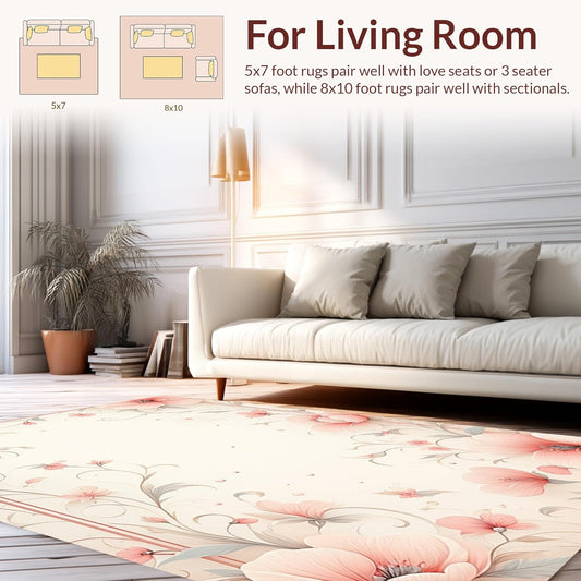 Flatwoven High Traffic Area Rug 8x10, Delicate Blush Inspired Floral Motif with Petals and Swirls, Non Slip, Stain Resistant, Washable Area Rugs for Living Room, Bedroom (Peach, 8x10, Pad)