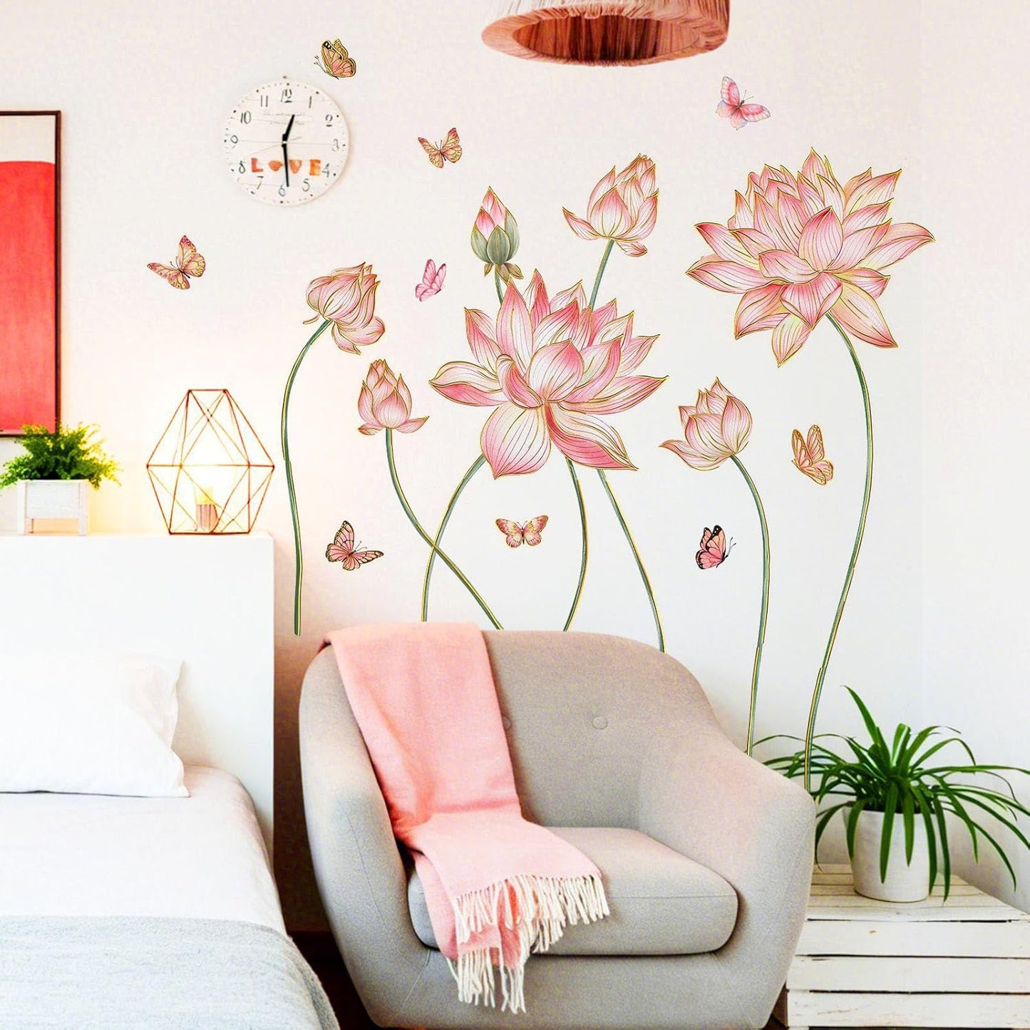 Gold Flower Wall Decals Blue Pink Floral Wall Sticker Creative Lotus Peel and Stick Removable Wall Art Decor for Living Room Bedroom Home Office (PinkLotus)
