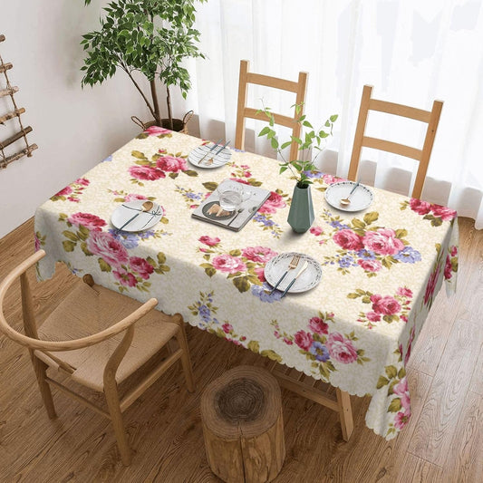 Rose Pattern Tablecloth 54x72 Inches, Pink Floral Rectangular Polyester Table Cover with Wave Lace, Washable Dining Table Cloth for Kitchen, Party, Outdoor