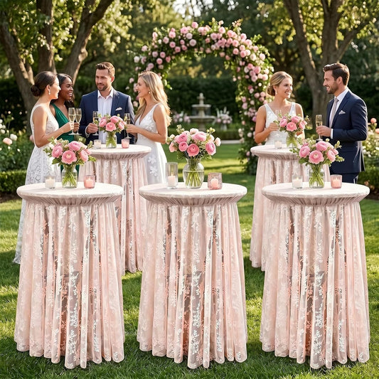 2-Pack Coral Pink Lace Fabric Cocktail Table Covers, Stretch High Top Highboy Tablecloths with Ruffle Skirt, Wrinkle-Resistant, for Wedding Fashion Banquet Home Party Tables (32" Dia x 43" H)