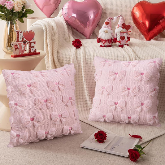 Merrycolor Light Pink Bow Pillow Covers with Embroidered Heart Pattern18x18 inch Cute Room Decor Set of 2 Soft Plush Faux Fur Jacquard Throw PillowsCases Aesthetic Pillow for Preppy Room Bedroom Couch