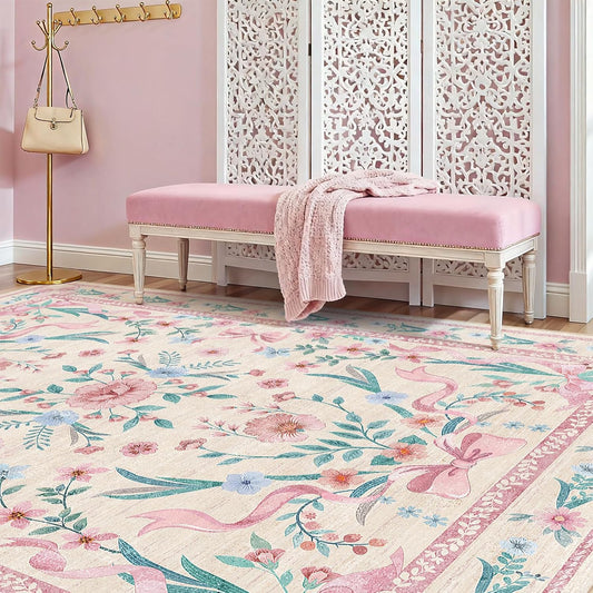 Coquette Pink Bow Rug 5x7, Washable Floral Area Rug for Girls Bedroom & Nursery, Soft Low Pile Non Slip Carpet for Kids Room, Dorm, Playroom, Living Room