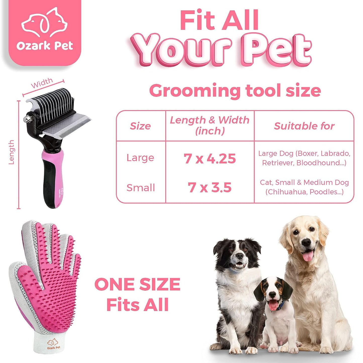 Dog & Cat Brush-Deshedding Brush, Dematting Tools, Shedding Brush Glove, Reduces Shedding 95%, Short to Long Hair, Large Breeds (Pink)