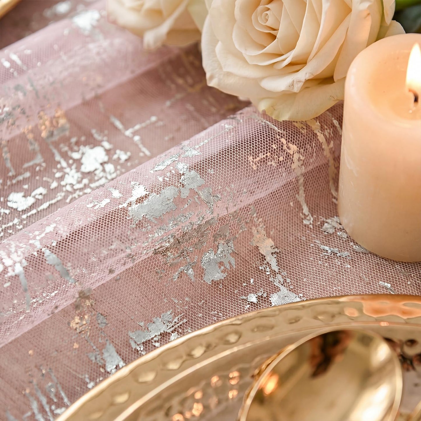 Artoid Mode Pink Silver Gauze Table Runner 120 Inch, Sheer Glitter for Spring, Wedding, Dining, Anniversary, Holiday Party Decor