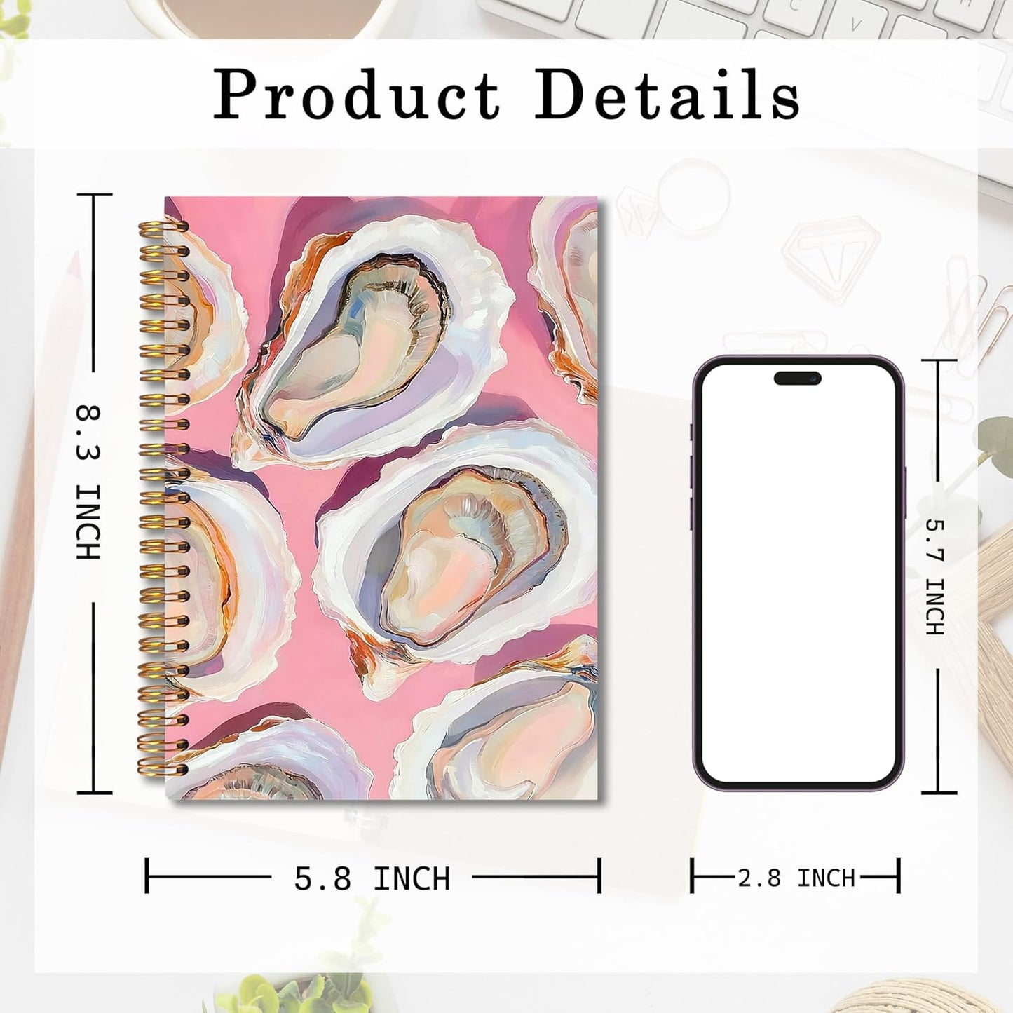 Pink Coastal Beach Oyster Shell Spiral Notebook 5.5x8.3, Pastel Ocean Beach Journal for Women, Oyster Gifts, Nautical Beachy Notebook for Note Taking