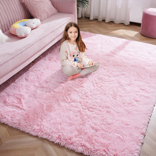 Softlife Light Pink Area Rug for Bedroom, Fluffy Shag Plush Rugs for Living Room Girls, Shaggy Throw Soft Fuzzy Small Kids Carpet for Dorm Bedside Ultra Cozy Non-Slip Indoor Decor, 4x5.3 Feet