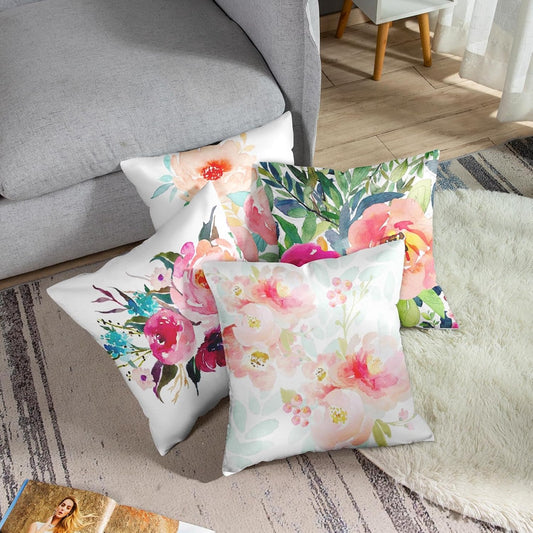 Emvency Set of 4 Throw Pillow Covers Peonies Summer Watercolor Floral Pink Flower Girly Pastel Mint Colorful Decorative Pillow Cases Home Decor Square 16x16 Inches Pillowcases