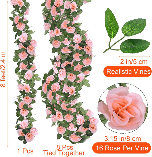 Aneco 8 Pack 64 FT Pink Flower Artificial Rose Vines Roses Fake Vine Flowers Plants Party Supplies for Holiday Wedding Garden Craft Art Decoration