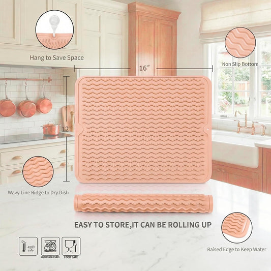 MicoYang Silicone Dish Drying Mat — Quick-Dry Ridges Counter & Sink Pad, Heat-Resistant Trivet to 450°F, Non-Slip & Dishwasher Safe, Roll-Up Storage, 18 Colors & 9 Sizes (Pink, 16"×12")
