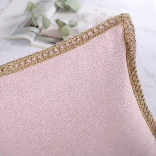 Phantoscope Farmhouse Decorative Throw Pillow Cover Burlap Linen Trimmed Tailored Edges Outdoor Pillow Light Pink 18 x 18 inches, 45 x 45 cm
