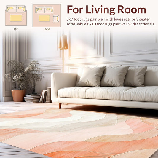 Flatwoven High Traffic Area Rug 4x6, Peachy Pastel Gradient Featuring Swirling Wave, Non Slip, Stain Resistant, Washable Area Rugs for Living Room, Bedroom (Peach, 4x6)