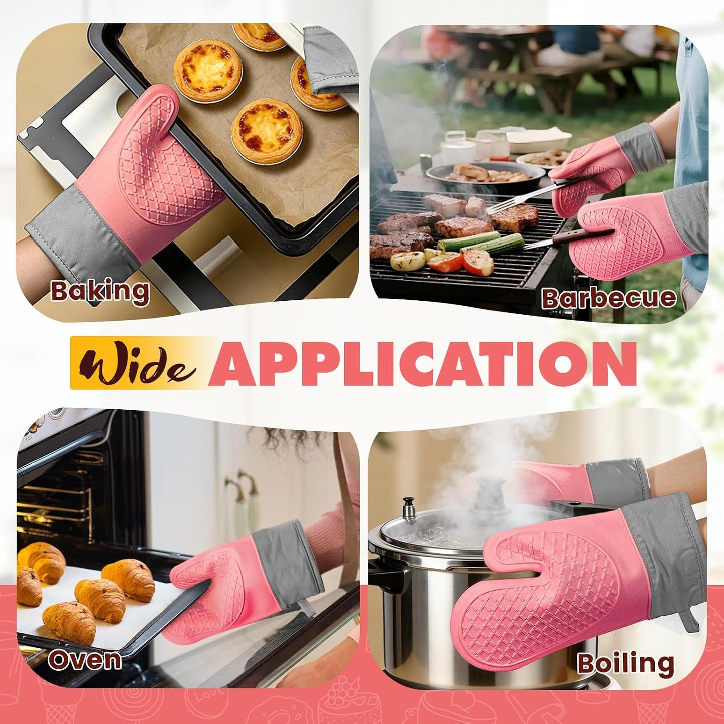 Silicone Oven Mitts (2 PCS), Waterproof Non Slip Grip Oven Gloves with Thick Soft Cotton Lining, Universal Fit Heat Resistant Kitchen Gloves for Baking, BBQ, Cooking and Grilling-Pink