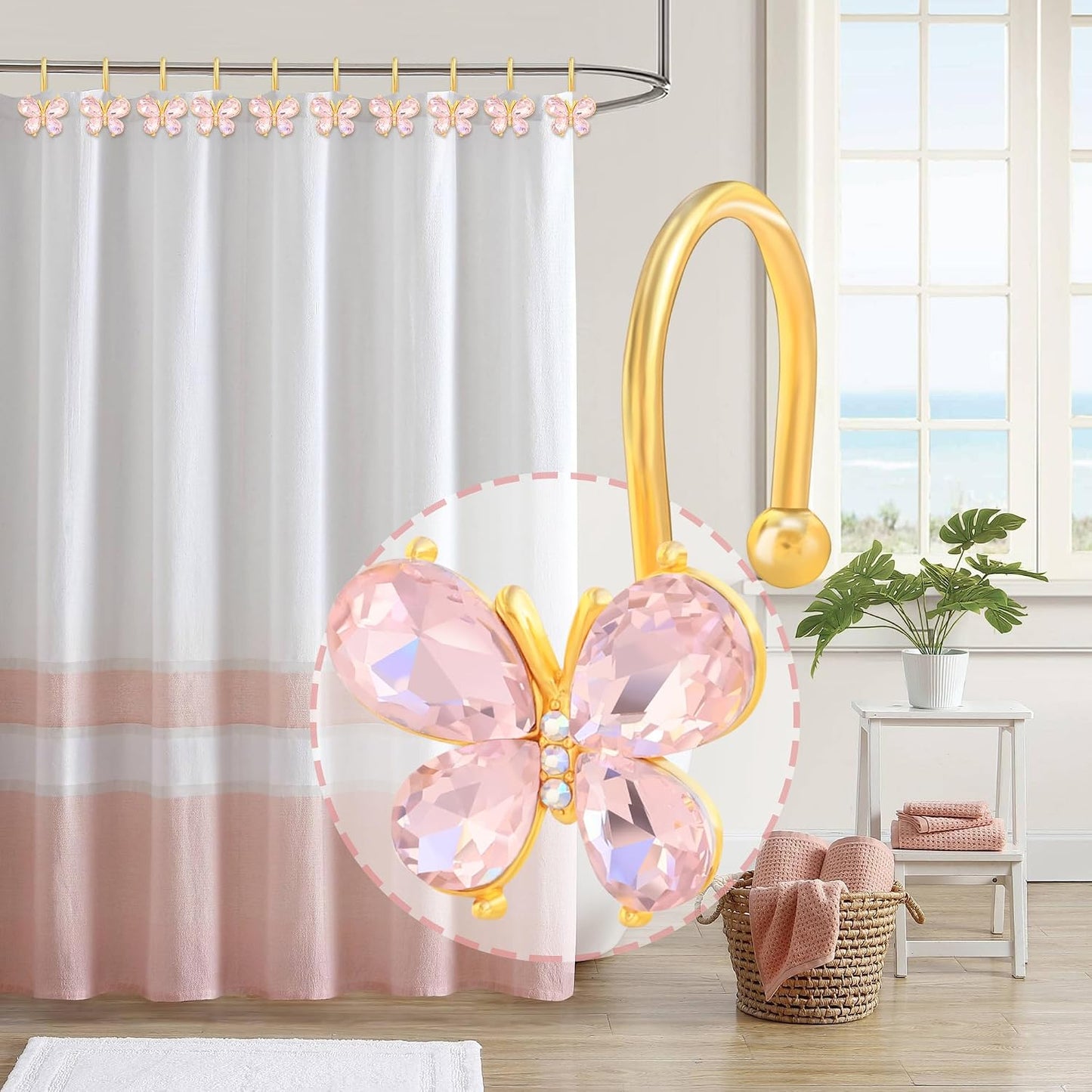 Shower Curtain Hooks,12Pcs Rust Resistant Glitter Crystal Butterfly Metal Decorative Shower Rings Hangers for Bathroom Curtains, Clothing, Towels (Pink)
