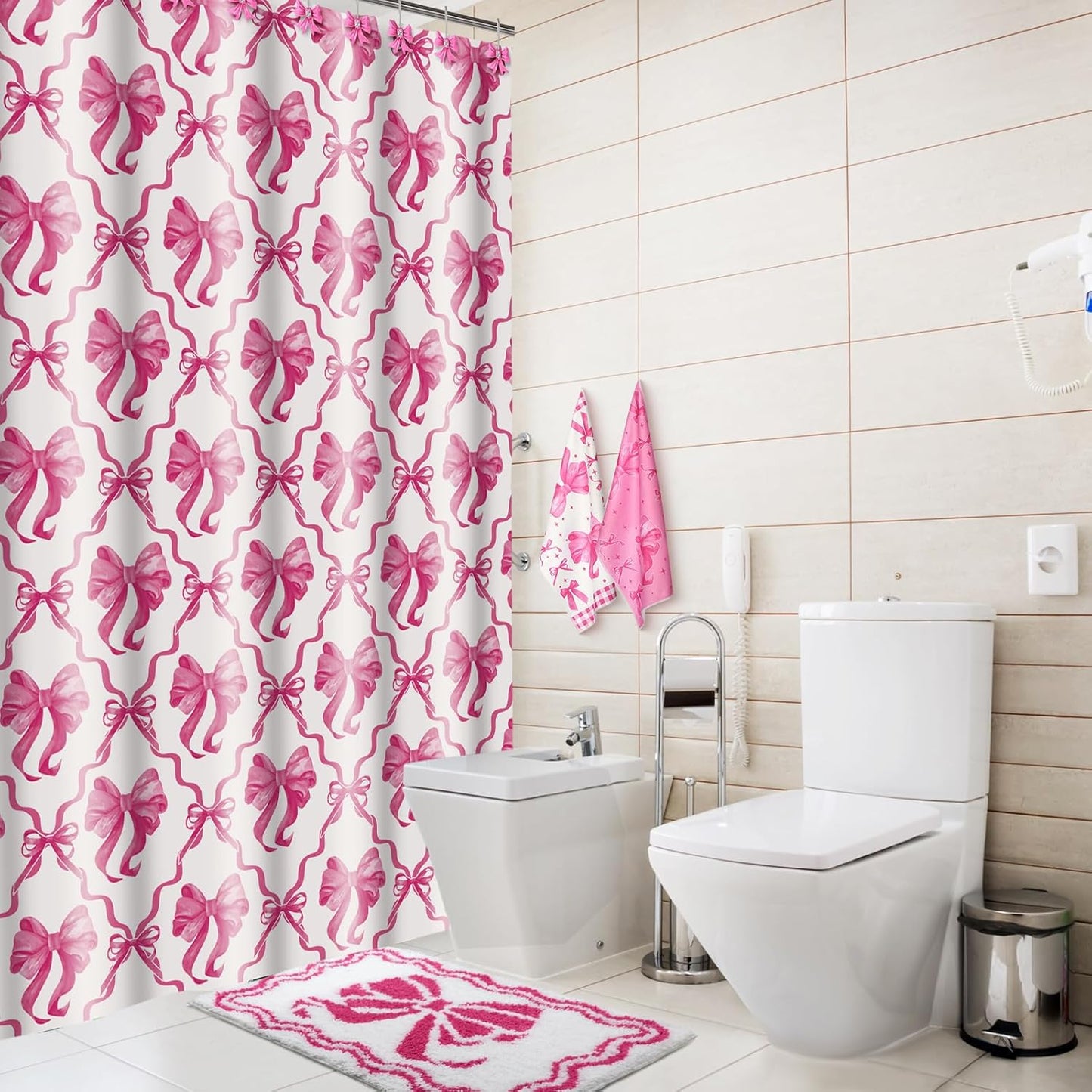 Fourluoo 18 Pcs Fabric Shower Curtain Set with 12 Decorative Shower Curtain Hooks Bathroom Towels Non Slip Absorbent Microfiber Rug for Modern Aesthetic Bathroom(Pink,Bow)