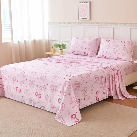 WINLIFE Pink Bow Kids Sheet Set Twin Size, 3 Pcs Girls Pink Bowknot Heart Dots Printed Bed Sheets, Soft Microfiber Deep Pocket Kids Bedding