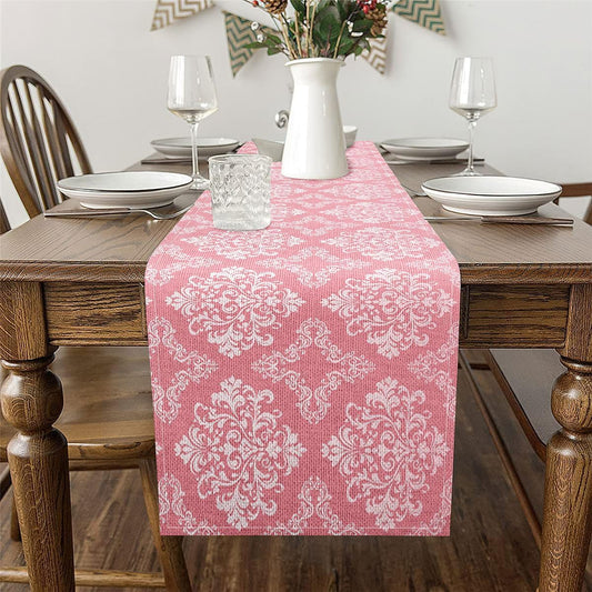 Feelyou Vintage Damask Table Runner,13 x 48 Inch Pink Bohemia Boho Floral Dresser Scarfs European Pattern Baroque Style Dresser Runners Table Decor for Home Party