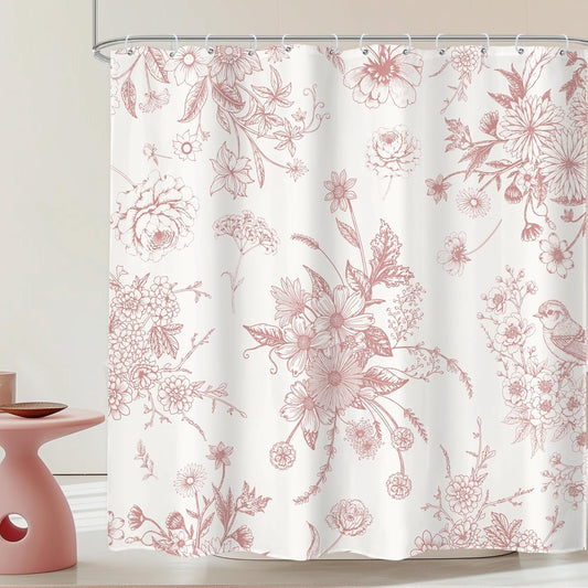 Pink Floral Shower Curtain 72Wx72H Inches Vintage Boho Blossom Bird Retro Rustic Farmhouse Chinoiserie Aesthetic Cream Fabric Waterproof Polyester Bathroom Home Decor Set with Hooks