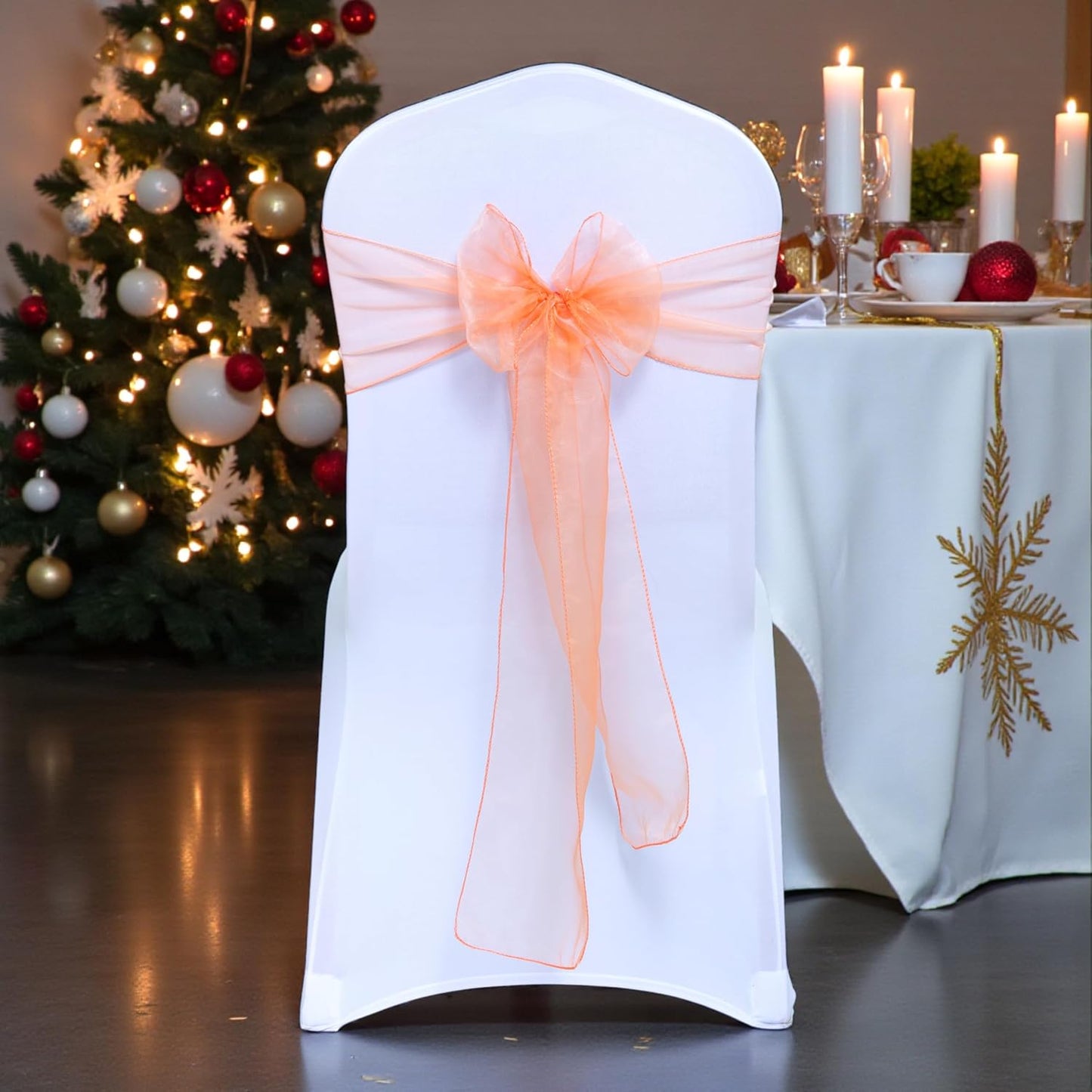 MDS® Pack of 10 Organza Chair Sashes for Wedding Decoration, Reusable Sheer Chair Bows for Banquet Chair Cover, Reception, Bridal Shower, Baby Shower, Birthday Party & Special Events - Peach