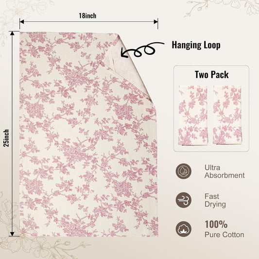 Multi-Purpose French Pastoral Tea Towels Set of 2, Dusty Pink | 100% Organic Cotton Flour Sack Kitchen Towels, 18x25in Absorbent Dish Cloths, Farmhouse Napkins, Decorative Hand Towels Set