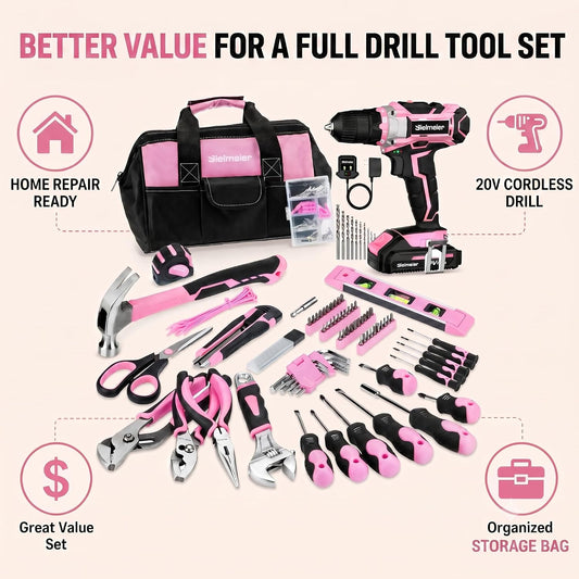 Bielmeier 20V 236Pcs Cordless Pink Drill Set for Women, Lady’s Essential Home Tool Kit with Pink Bag, Perfect DIY Electric Screwdriver Set for Home Repair & Gifts